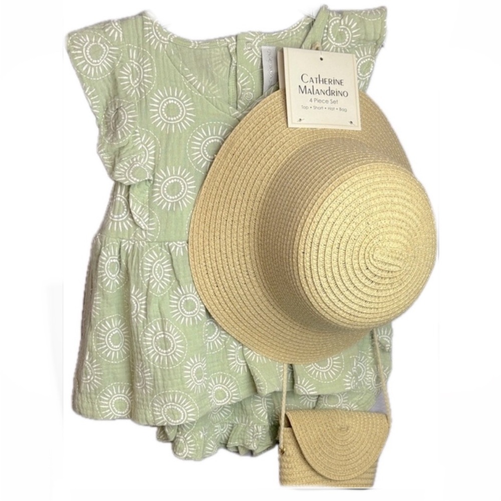 Catherine Malandrino 4 pc Set Outfit Dress Romper Shorts Straw Hat Purse MSRP$62